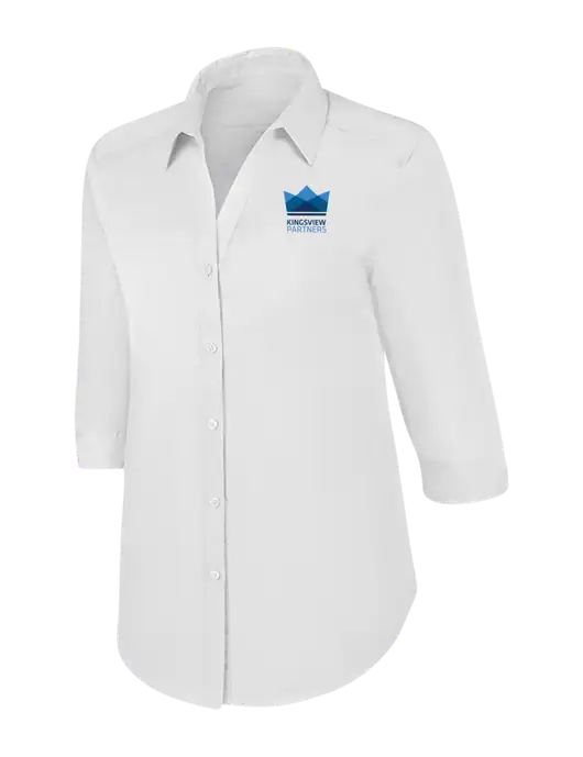 Womens White 3/4 Sleeve Carefree Poplin Shirt w/Kingsview Partners Logo