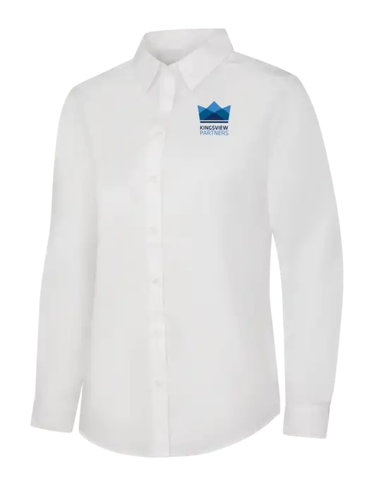 Womens White Long Sleeve Carefree Poplin Shirt w/Kingsview Partners Logo