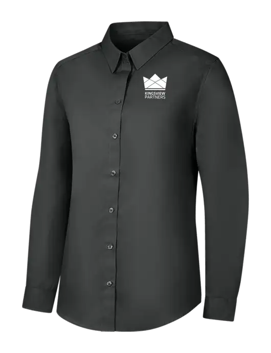 Womens Dark Grey Long Sleeve Carefree Poplin Shirt w/Kingsview Partners Logo