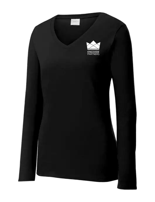 Womens V-Neck Ring Spun Jet Black 4.5 oz Long Sleeve T-Shirt w/Kingsview Partners Logo
