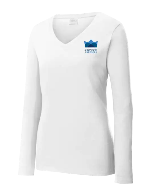 Womens  V-Neck Ring Spun White 4.5 oz Long Sleeve T-Shirt w/Kingsview Partners Logo