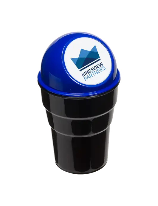 Blue Car Cup Holder Trash Can w/Kingsview Partners Logo