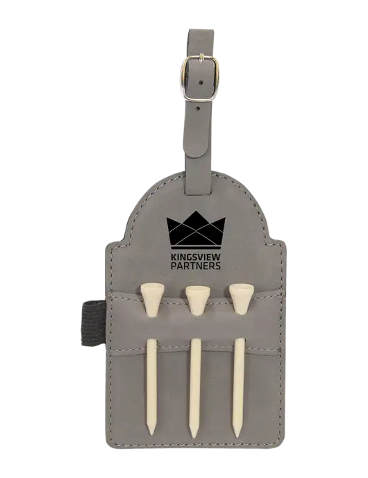 Grey Leatherette Golf Bag Tag with 3 Wooden Tees w/Kingsview Partners Logo