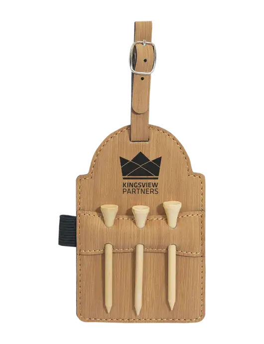 Bamboo Leatherette Golf Bag Tag with 3 Wooden Tees w/Kingsview Partners Logo