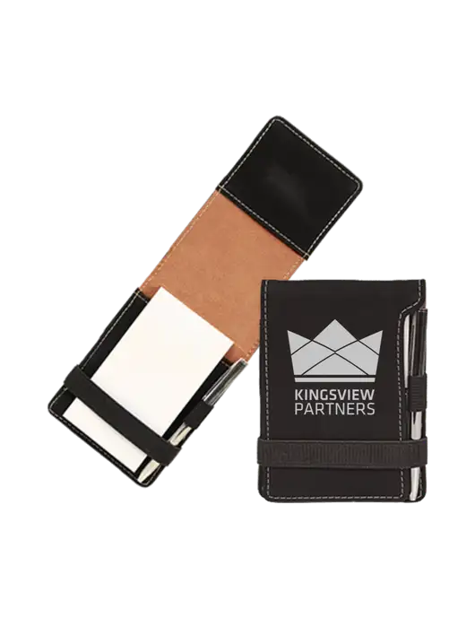 Black Leatherette Mini Notepad with Pen,  3.25 x 4.75 w/Kingsview Partners Logo