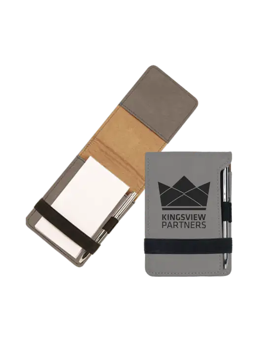 Grey Leatherette Mini Notepad with Pen,  3.25 x 4.75 w/Kingsview Partners Logo