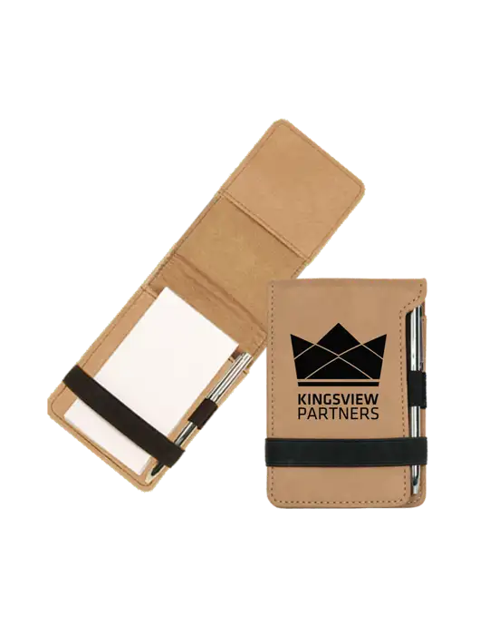 Tan Leatherette Mini Notepad with Pen,  3.25 x 4.75 w/Kingsview Partners Logo