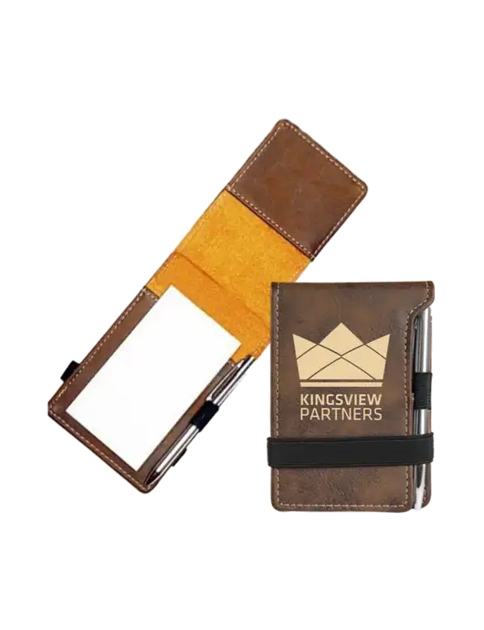 Rustic Leatherette Mini Notepad w/Pen, 3.25 x 4.75 w/Kingsview Partners Logo