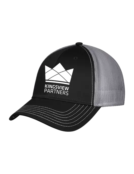 Black/Medium Dark Grey Mesh Trucker Cap Snap Back w/Kingsview Partners Logo