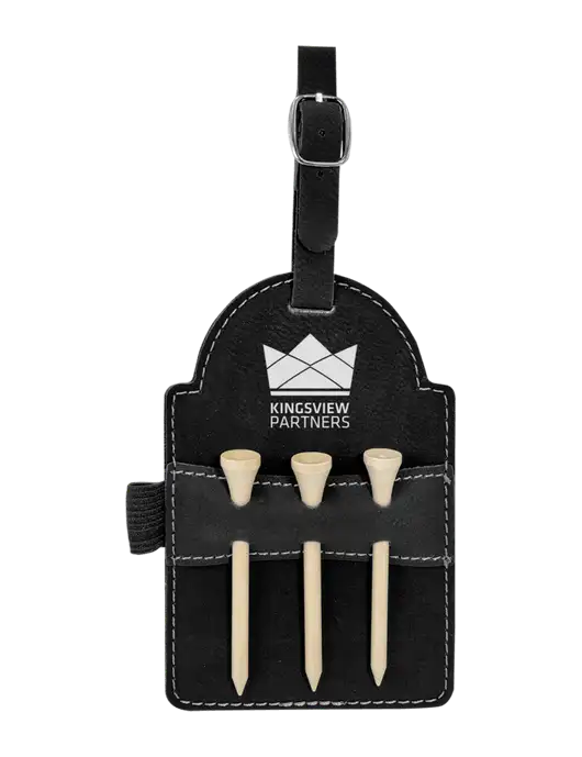 Black Leatherette Golf Bag Tag with 3 Wooden Tees w/Kingsview Partners Logo