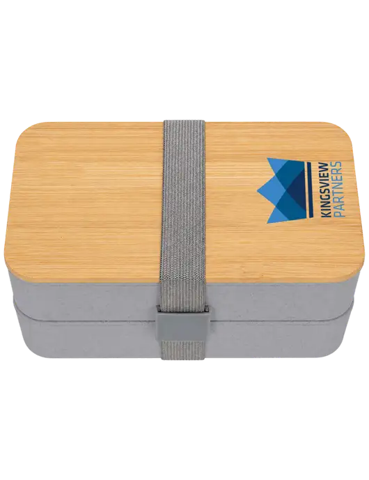 Double Decker Light Medium Grey Lunch Box w/Eco-Friendly FSC Bamboo Lid & Reusable Utensils w/Kingsview Partners Logo