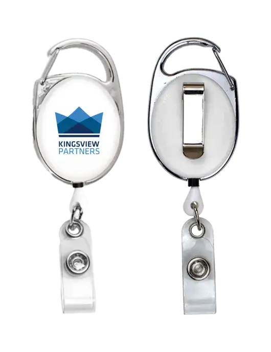 White Carabiner Style Badge Reel and Badge Holder w/Kingsview Partners Logo
