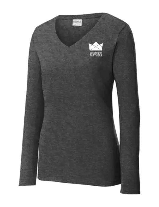 Womens  V-Neck Ring Spun Dark Heather Grey 4.5 oz Long Sleeve T-Shirt w/Kingsview Partners Logo