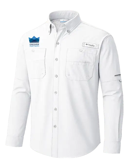 Columbia White PFG Tamiami II Long SleeveShirt w/Kingsview Partners Logo