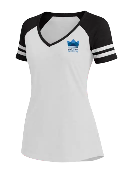 Womens White/Black V-Neck Game Tee w/Kingsview Partners Logo