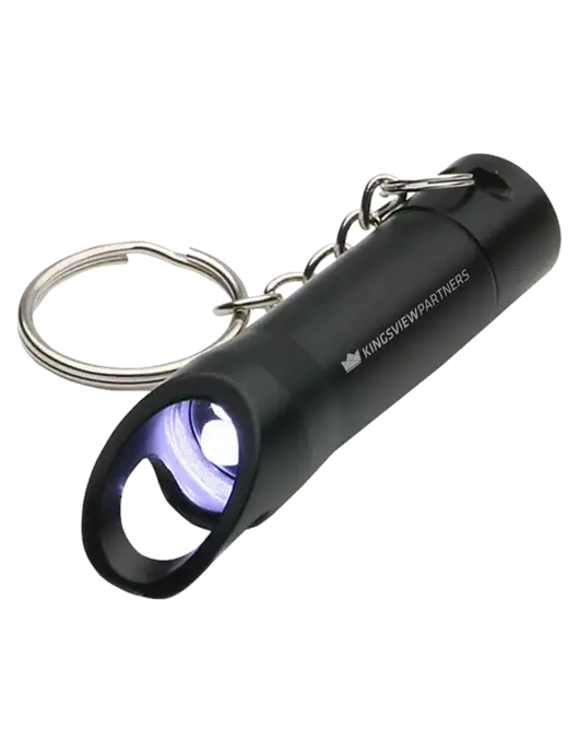 Black Pocket LED Flashlight with Bottle Opener & Keychain w/Kingsview Partners Logo