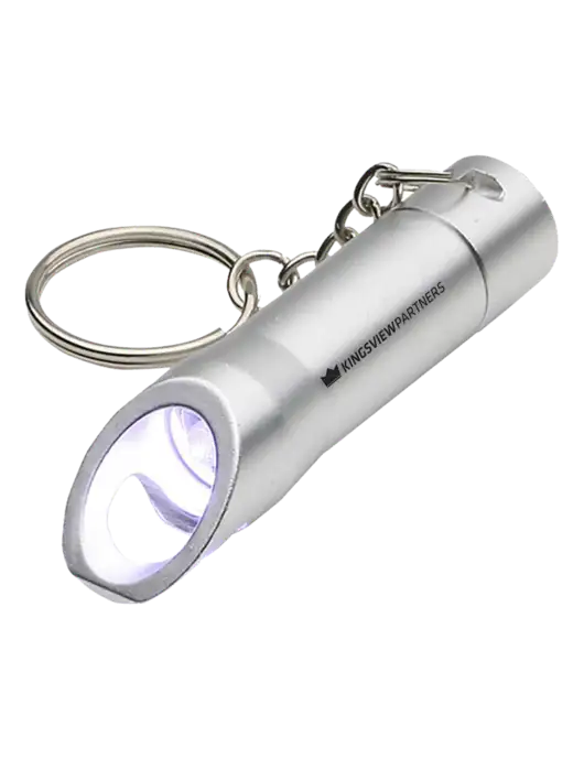 Silver Pocket LED Flashlight with Bottle Opener & Keychain w/Kingsview Partners Logo
