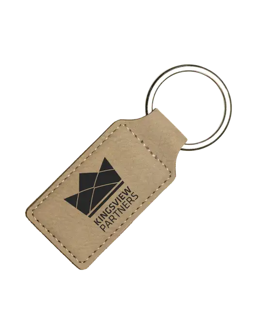 Tan Laserable Leatherette Rectangle Keychain w/Kingsview Partners Logo