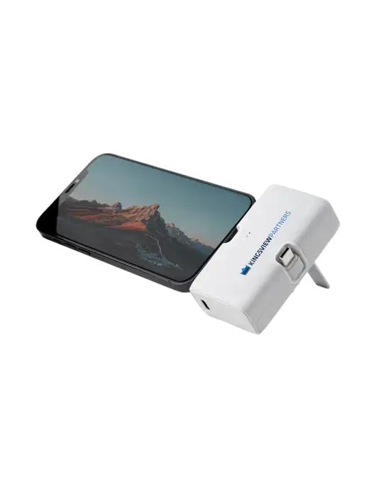 White Phone Power Bank Stand 4,500 mAh Dual Ports Type C & Lightning w/Kingsview Partners Logo