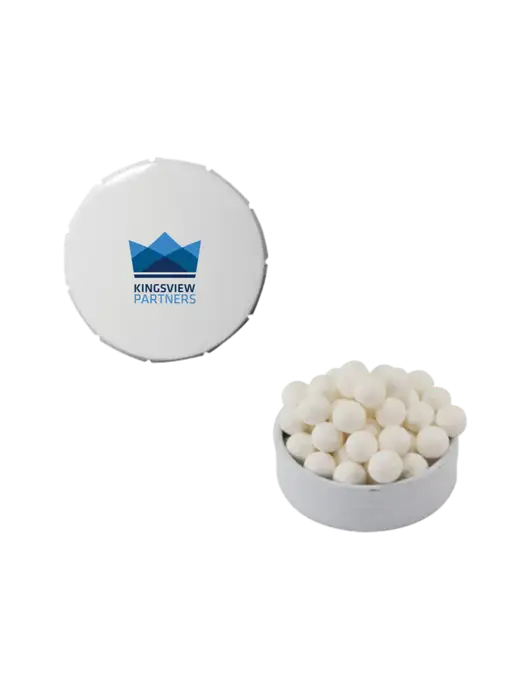 Signature Peppermints In White Snap Top Tin  w/Kingsview Partners Logo