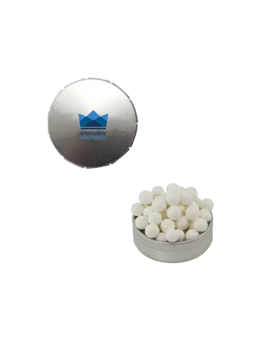 Signature Peppermints In Silver Snap Top Tin  w/Kingsview Partners Logo