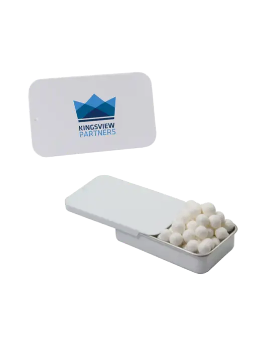 Signature Peppermints In White Slider Tin w/Kingsview Partners Logo