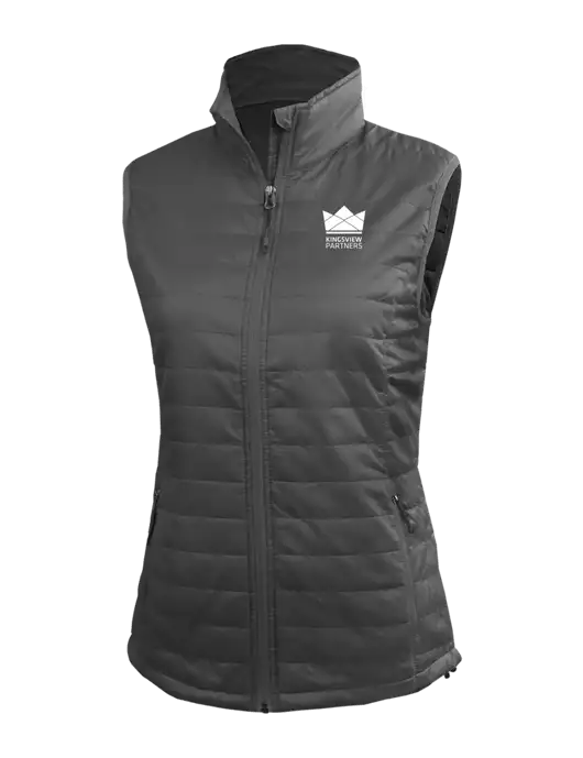 Womens Packable Dark Grey Puffy Vest w/Kingsview Partners Logo