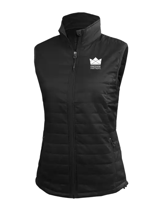 Womens Packable Black Puffy Vest w/Kingsview Partners Logo