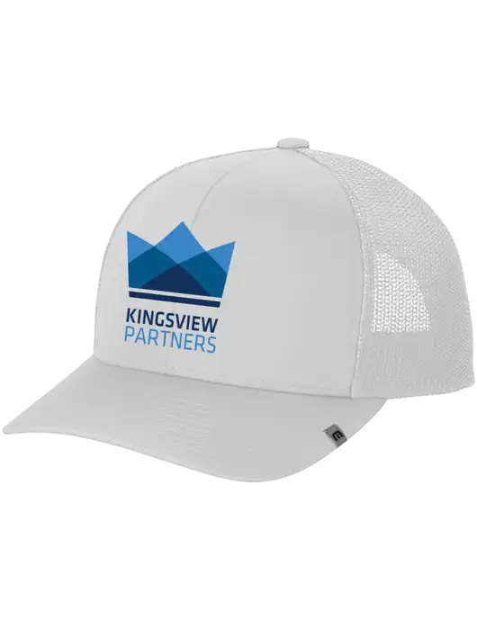 TravisMathew White Cruz Trucker Cap w/Kingsview Partners Logo