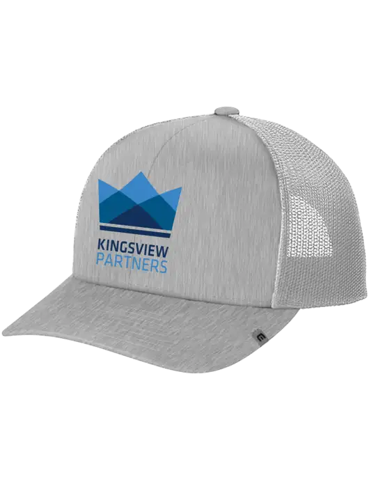 TravisMathew Light Medium Grey Heather Cruz Trucker Cap w/Kingsview Partners Logo