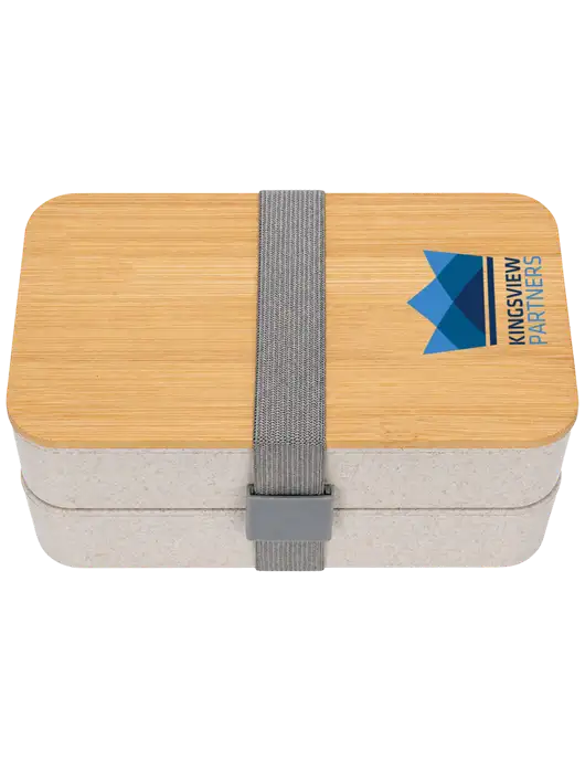 Double Decker Natural Ivory Lunch Box w/Eco-Friendly FSC Bamboo Lid & Reusable Utensils w/Kingsview Partners Logo