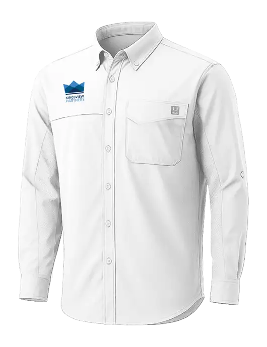 HUK White Tide Point Pocket Long Sleeve Fishing Shirt w/Kingsview Partners Logo