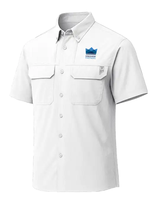 HUK White Creekbed Short Sleeve Shirt w/Kingsview Partners Logo