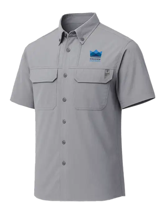 HUK Light Medium Grey Creekbed Short Sleeve Shirt w/Kingsview Partners Logo