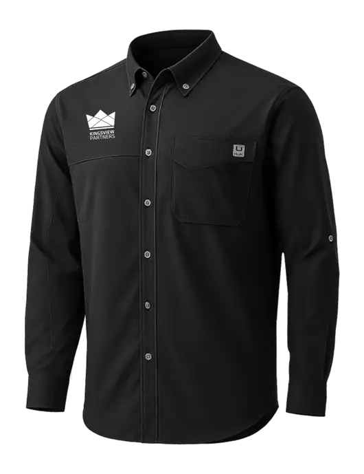 HUK Black Tide Point Pocket Long Sleeve Fishing Shirt w/Kingsview Partners Logo