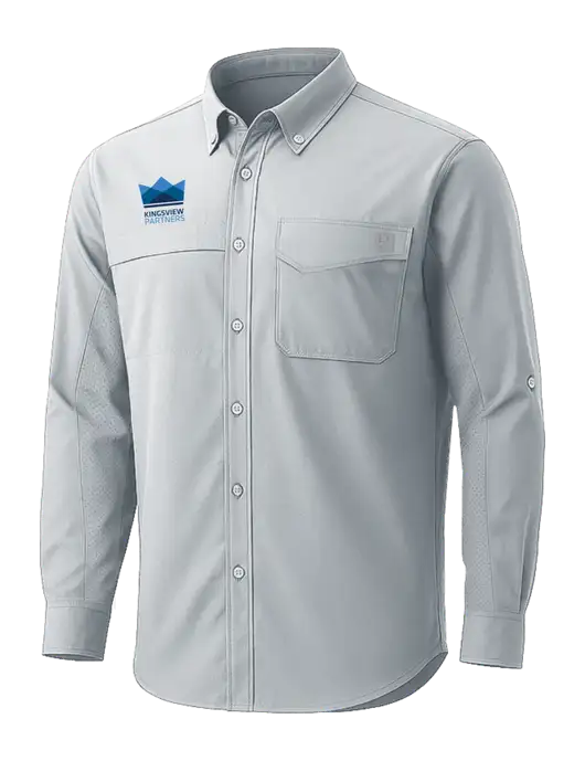 HUK Light Grey Tide Point Pocket Long Sleeve Fishing Shirt w/Kingsview Partners Logo