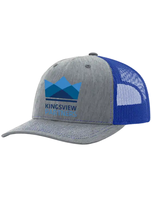 Richardson Adjustable Snapback Original 112 Trucker Cap Heather Light Grey w/Royal Mesh w/Kingsview Partners Logo