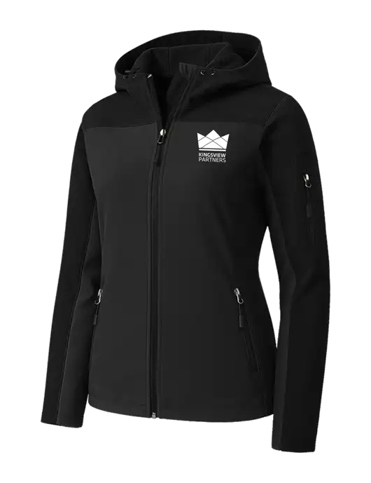 Womens Hooded Core Black Soft Shell Jacket w/Kingsview Partners Logo