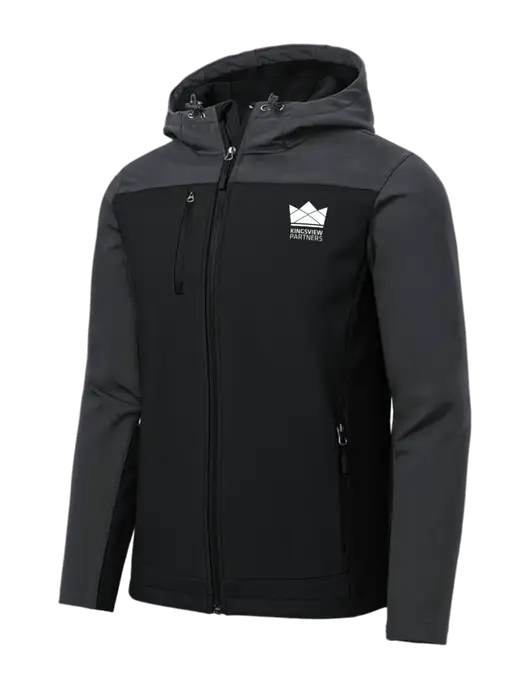 Hooded Core Dark Grey/Black Soft Shell Jacket w/Kingsview Partners Logo