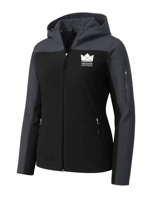 Womens Hooded Core Dark Grey/Black Soft Shell Jacket w/Kingsview Partners Logo