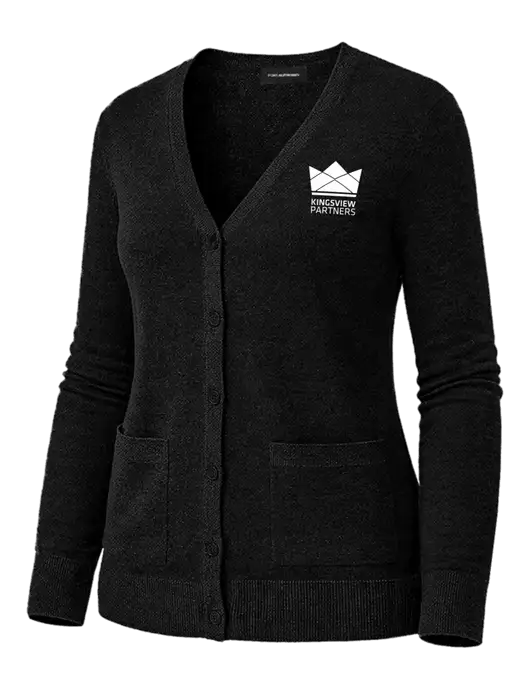 Womens Black Washable V-neck Cardigan Sweater w/Kingsview Partners Logo