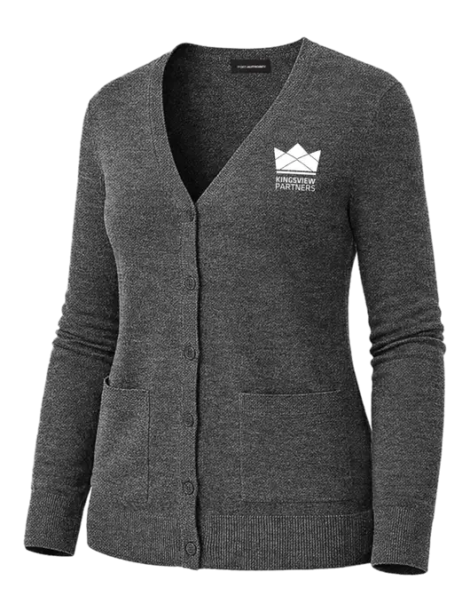 Womens Charcoal Heather Washable V-neck Cardigan Sweater w/Kingsview Partners Logo